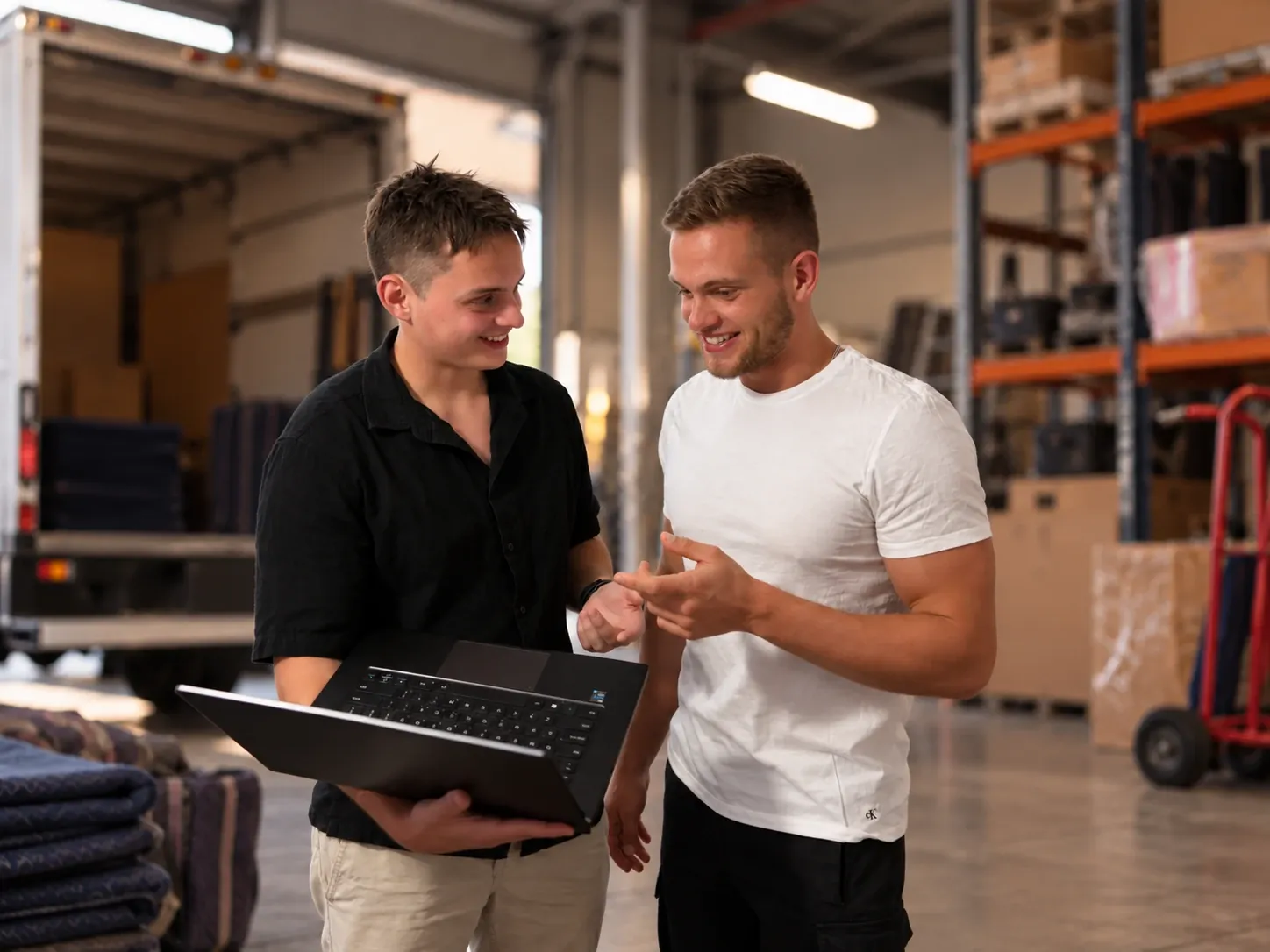 Pavel and Oleg looking at a website on a laptop in a warehouse