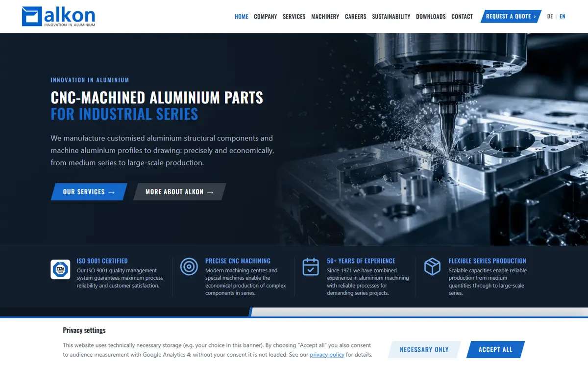 The homepage leads with what the company makes and the numbers that qualify it as a supplier.