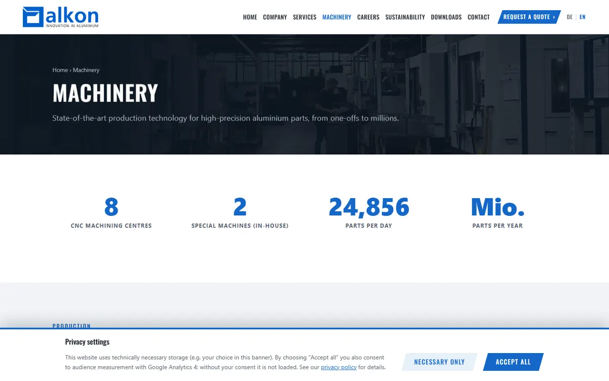 Machinery and manufacturing capabilities on the alkon website