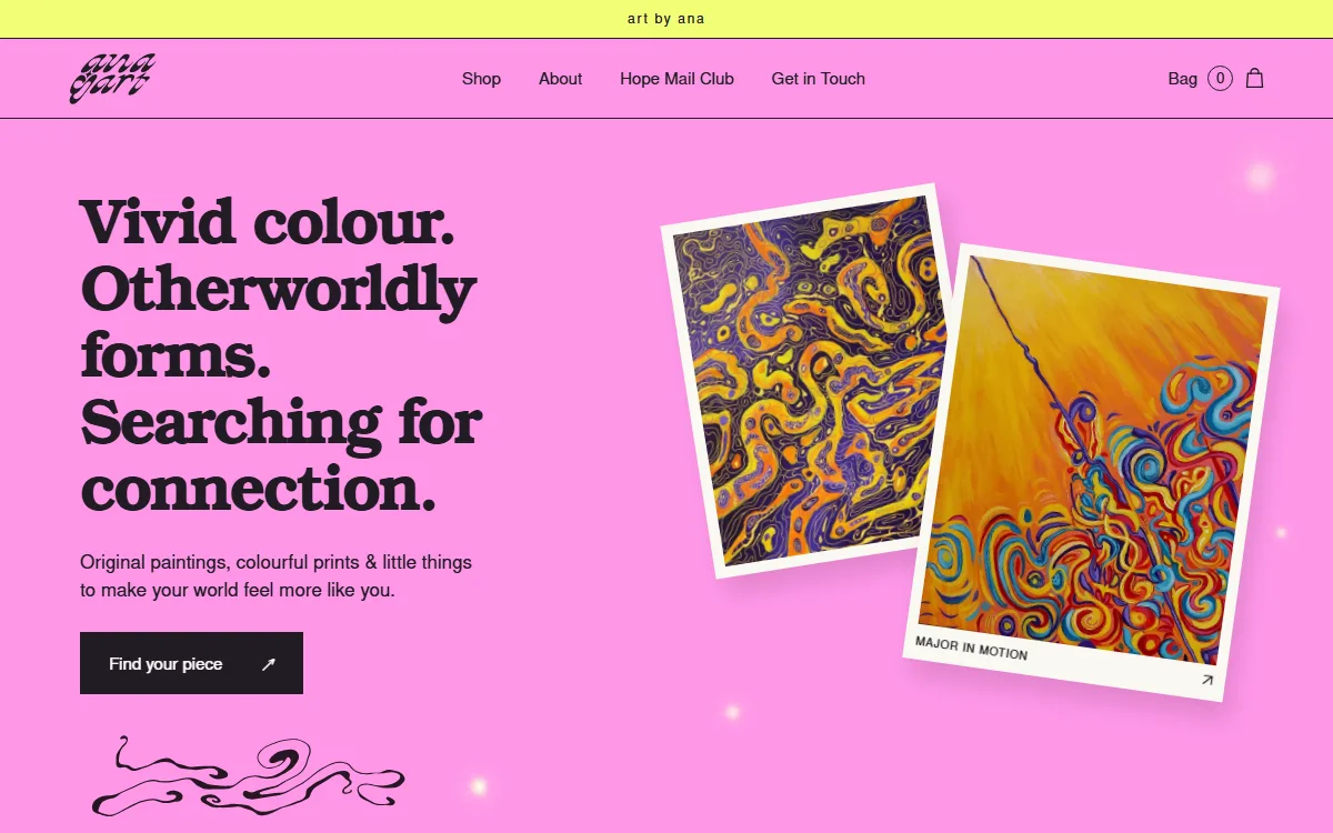 The anagart.shop home page, leading with the artwork and the way into the shop.