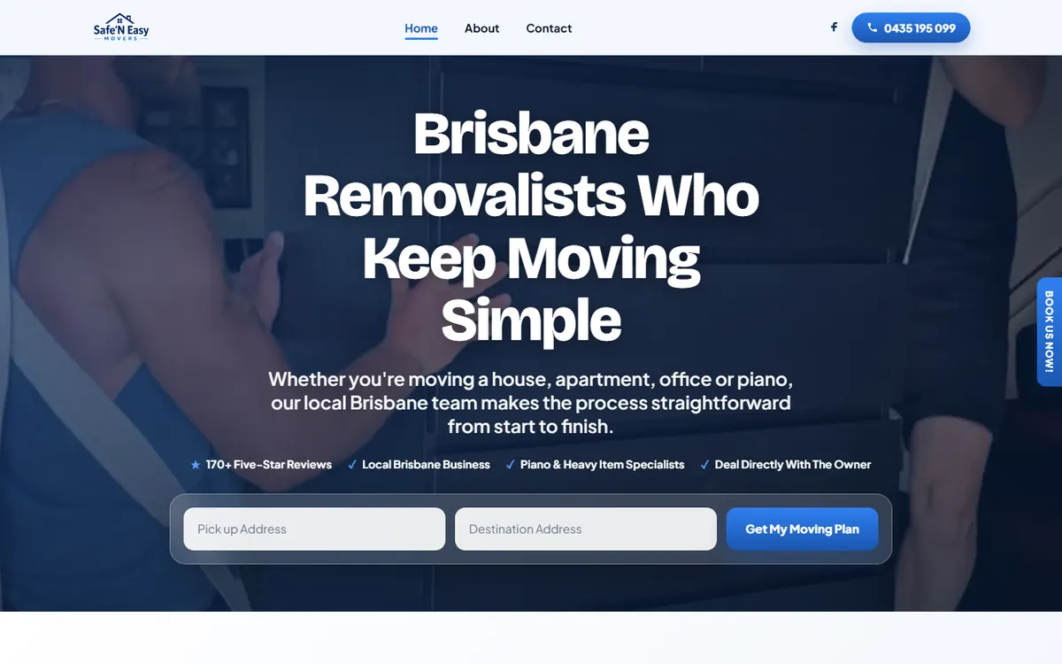 The homepage leads with the Moving Plan request and the review count, so the two things that convert are the two things you see first.