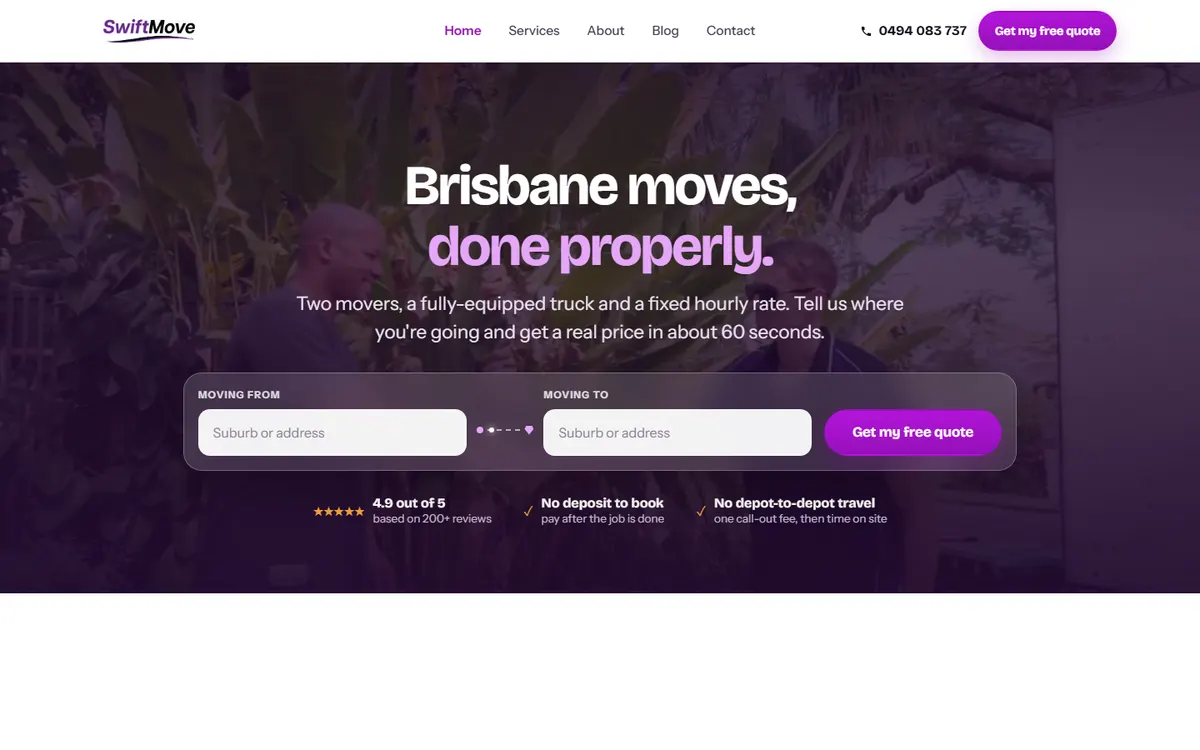 The quote runs from two addresses and returns a real number, with the review score and the no-deposit promise alongside it.